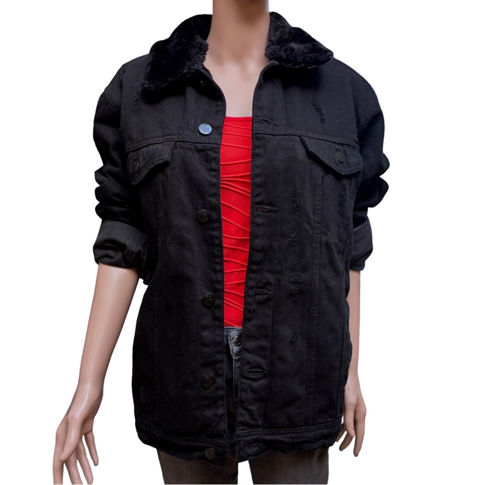 YoungLA Black Distressed Faux Fur Collar Jacket Large